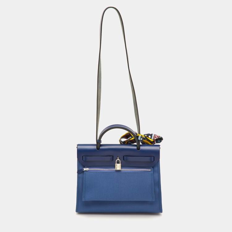 Pre Owned Hermes Herbag Zip 31 Mykonos/Bleu Saphir Canvas and Vache Hunter Leather Bag