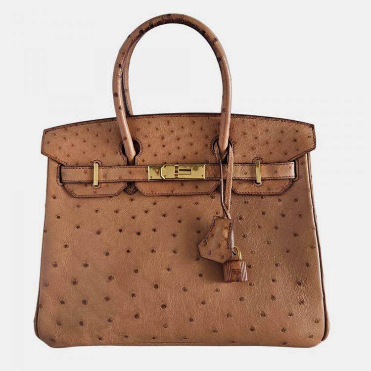 مملوكة مسبقًا Hermes Camel Ostrich Leather Gold Finish Birkin 30 Handbag