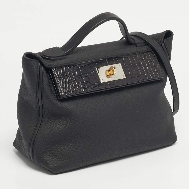Pre Owned Hermès 24/24 29 Electrum Noir Matte Alligator and Togo Leather Bag