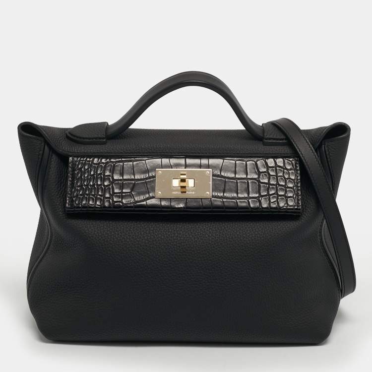 Pre Owned Hermès 24/24 29 Electrum Noir Matte Alligator and Togo Leather Bag