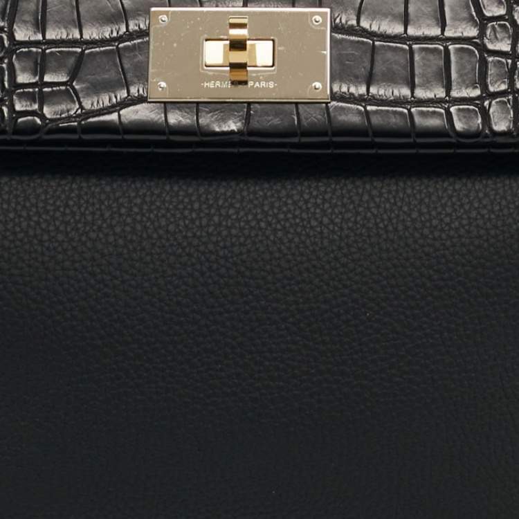 Pre Owned Hermès 24/24 29 Electrum Noir Matte Alligator and Togo Leather Bag
