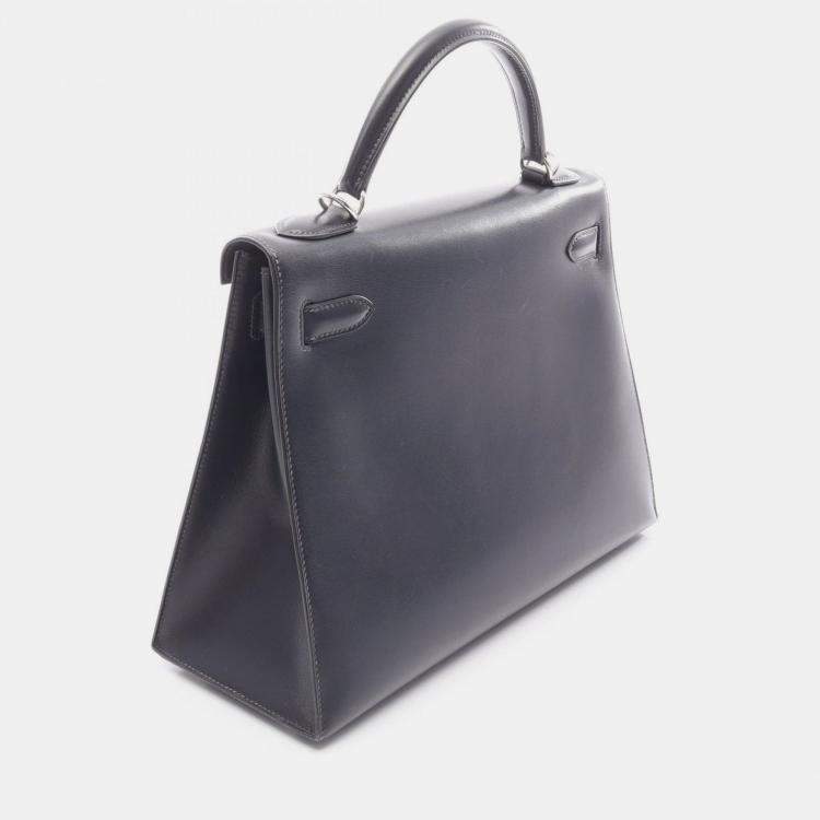 Pre Owned Hermes Kelly 32 Navy Blue Box Calf Leather Shoulder Bag