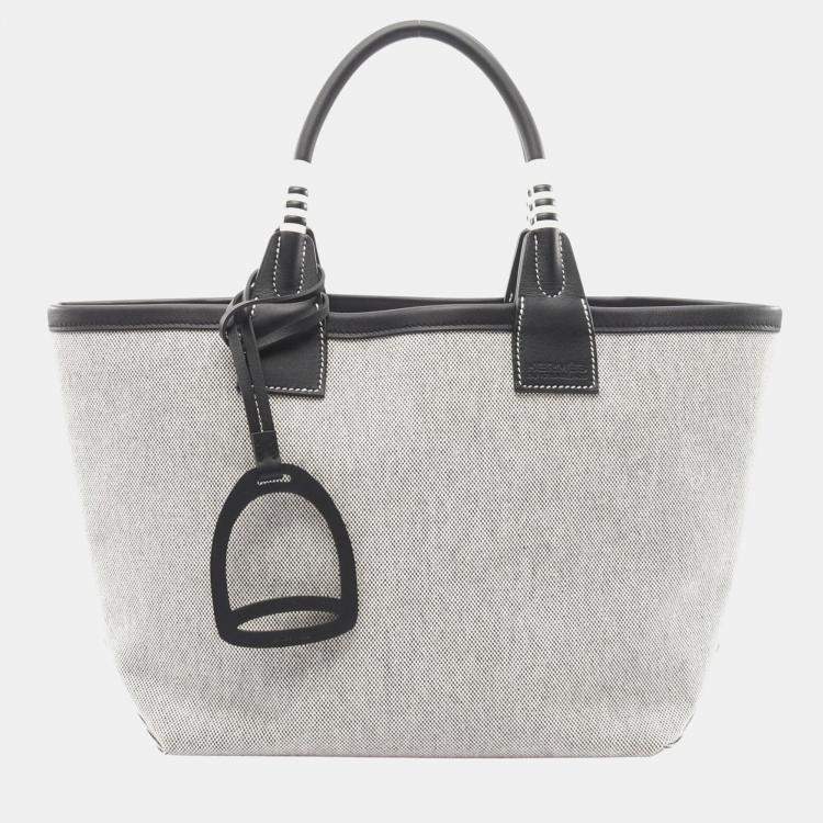 Pre Owned Hermes Steeple 25 Gray Black Toile H Canvas Swift Leather Tote Bag