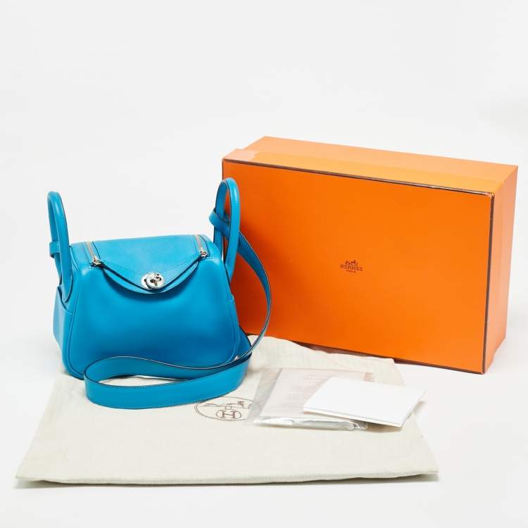 Pre Owned Hermes Lindy Mini Palladium Finish Bleu Frida Swift Leather Shoulder Bag
