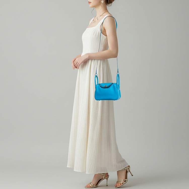 Pre Owned Hermes Lindy Mini Palladium Finish Bleu Frida Swift Leather Shoulder Bag