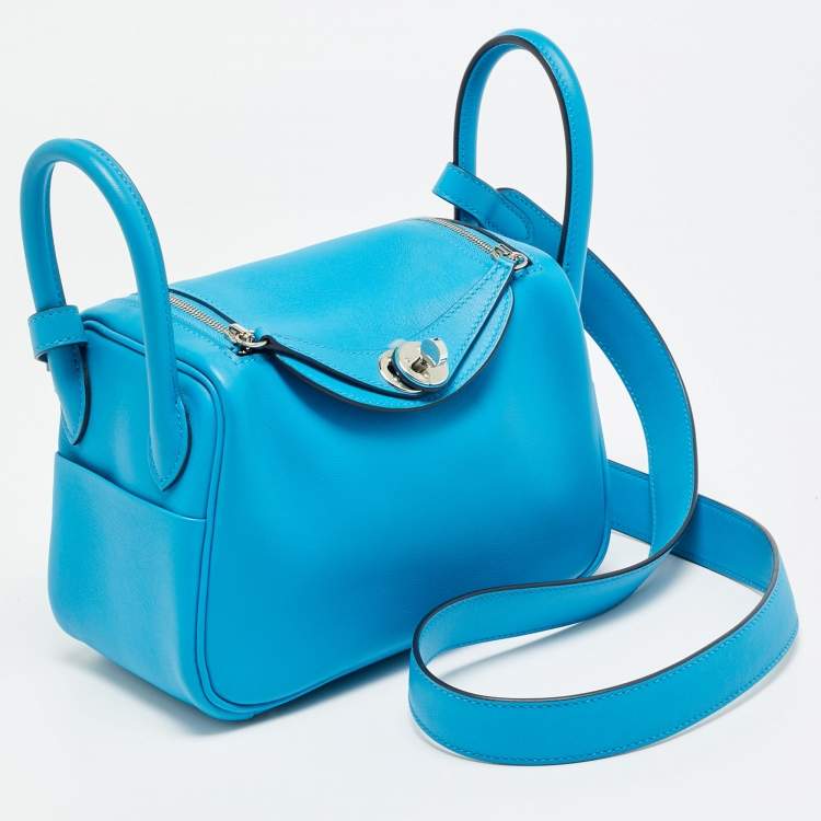 Pre Owned Hermes Lindy Mini Palladium Finish Bleu Frida Swift Leather Shoulder Bag