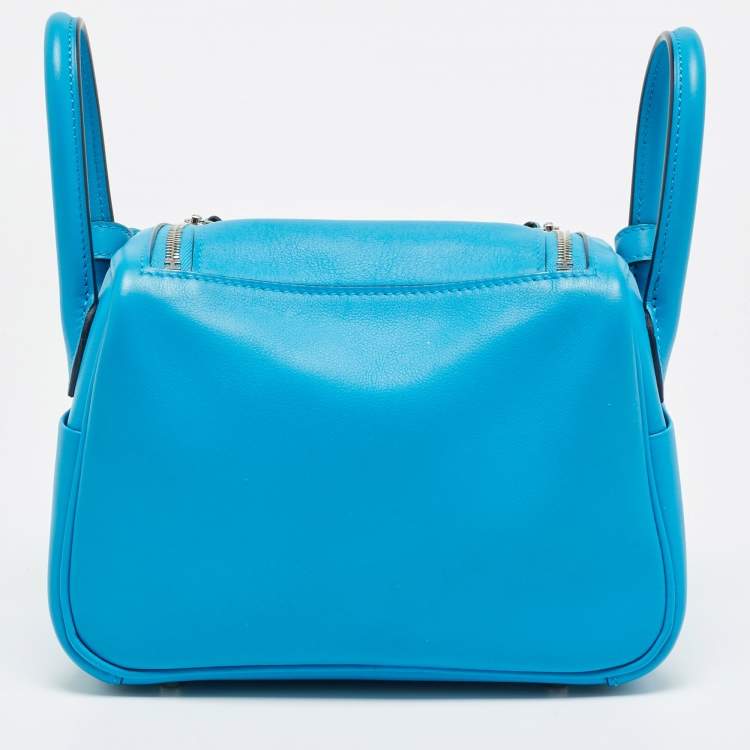 Pre Owned Hermes Lindy Mini Palladium Finish Bleu Frida Swift Leather Shoulder Bag