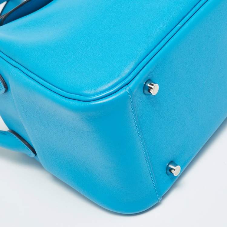 Pre Owned Hermes Lindy Mini Palladium Finish Bleu Frida Swift Leather Shoulder Bag