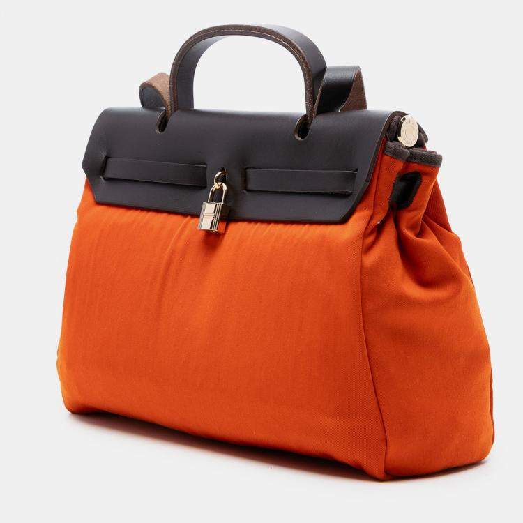 Pre Owned Hermes Brown Orange Toile Herbag Zip 31