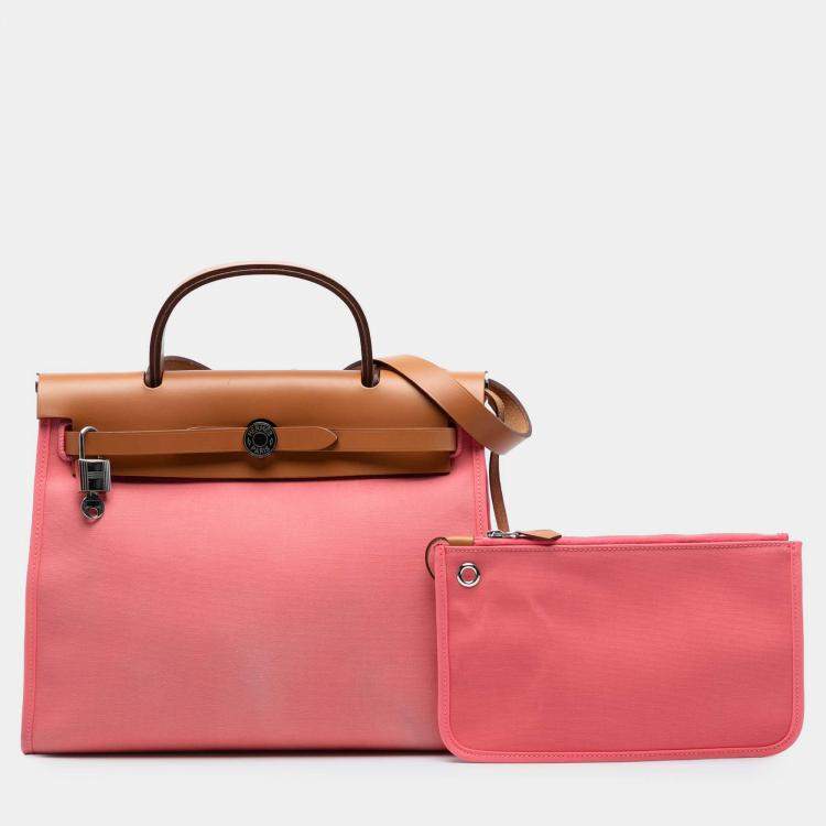 Pre Owned Hermes Brown Pink Toile Herbag Zip 31