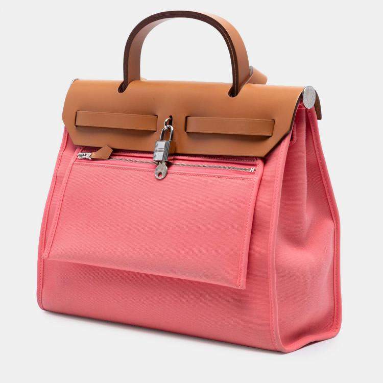 Pre Owned Hermes Brown Pink Toile Herbag Zip 31