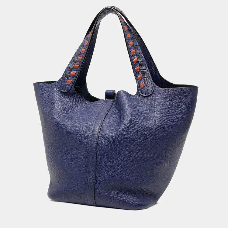 Pre Owned Hermes Bleu Encre, Noir, and Brique Epsom Tressage Picotin Lock 22