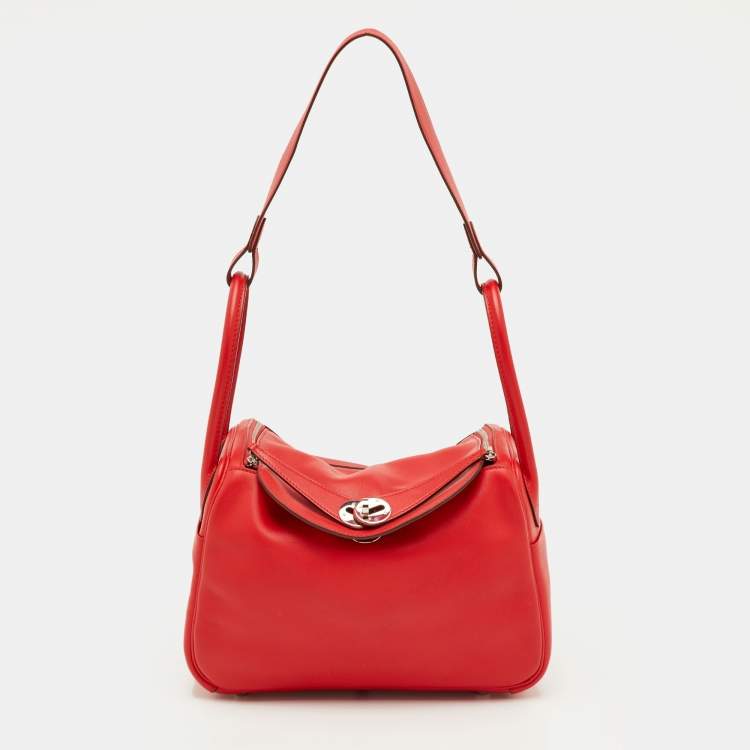 Pre Owned Hermès Lindy 26 Palladium Finish Rouge Casaque Swift Leather Bag