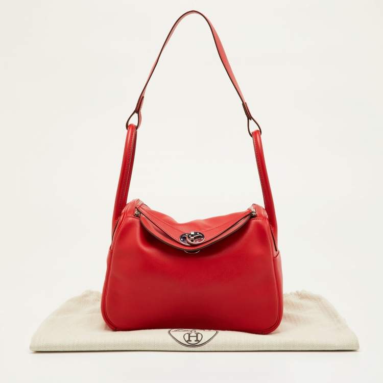 Pre Owned Hermès Lindy 26 Palladium Finish Rouge Casaque Swift Leather Bag