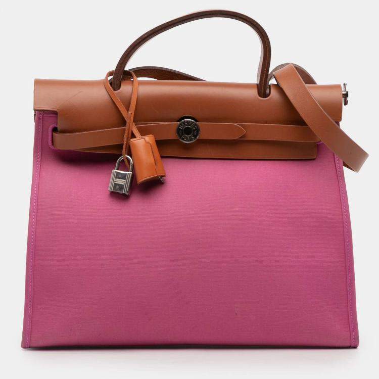 Pre Owned Hermes Herbag Zip 31 Brown/Pink Toile Bag