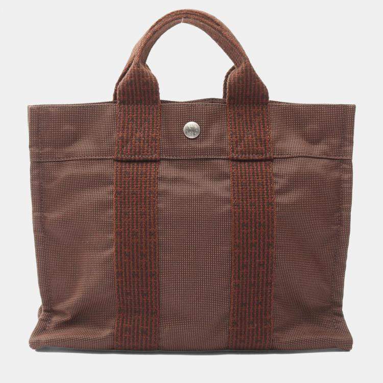 Pre Owned Hermes Herline PM Brown Nylon Canvas Tote Bag