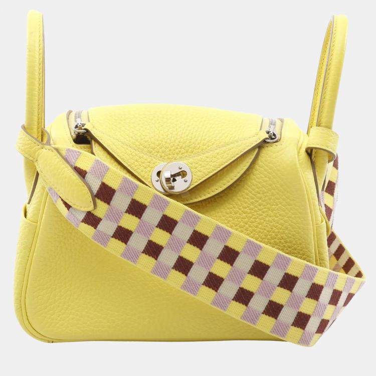 Pre Owned Hermes Lindy Maxi Quadrille Mini Yellow Taurillon Clemence Leather Crossbody Bag