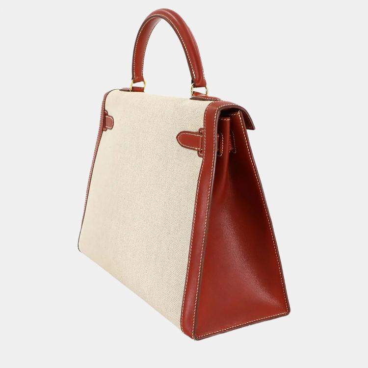 Pre Owned Hermes Kelly 32 Toile H Swift Shoulder Bag Natural Brick