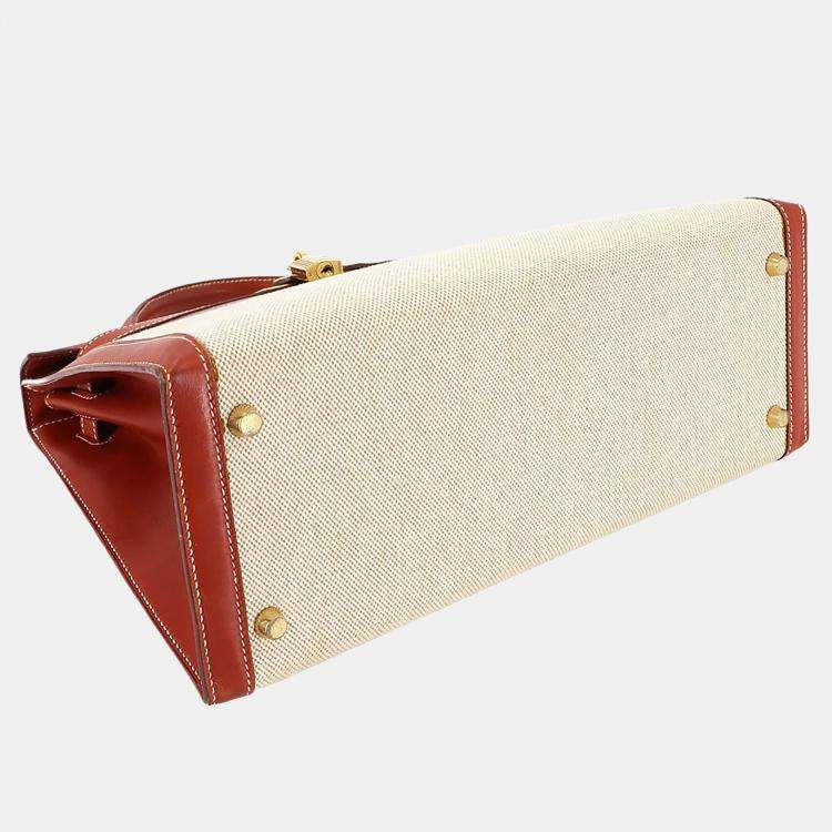 Pre Owned Hermes Kelly 32 Toile H Swift Shoulder Bag Natural Brick