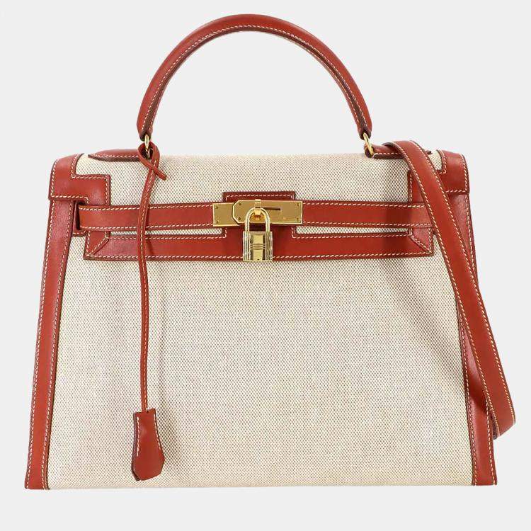 Pre Owned Hermes Kelly 32 Toile H Swift Shoulder Bag Natural Brick