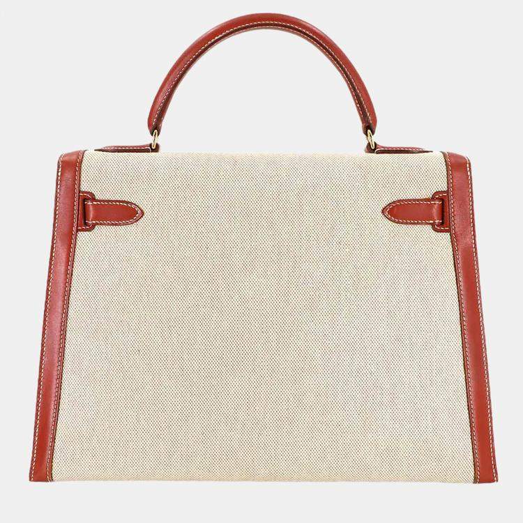 Pre Owned Hermes Kelly 32 Toile H Swift Shoulder Bag Natural Brick