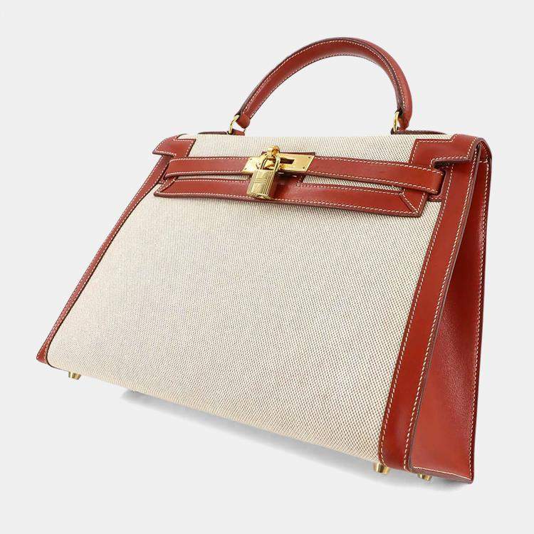 Pre Owned Hermes Kelly 32 Toile H Swift Shoulder Bag Natural Brick