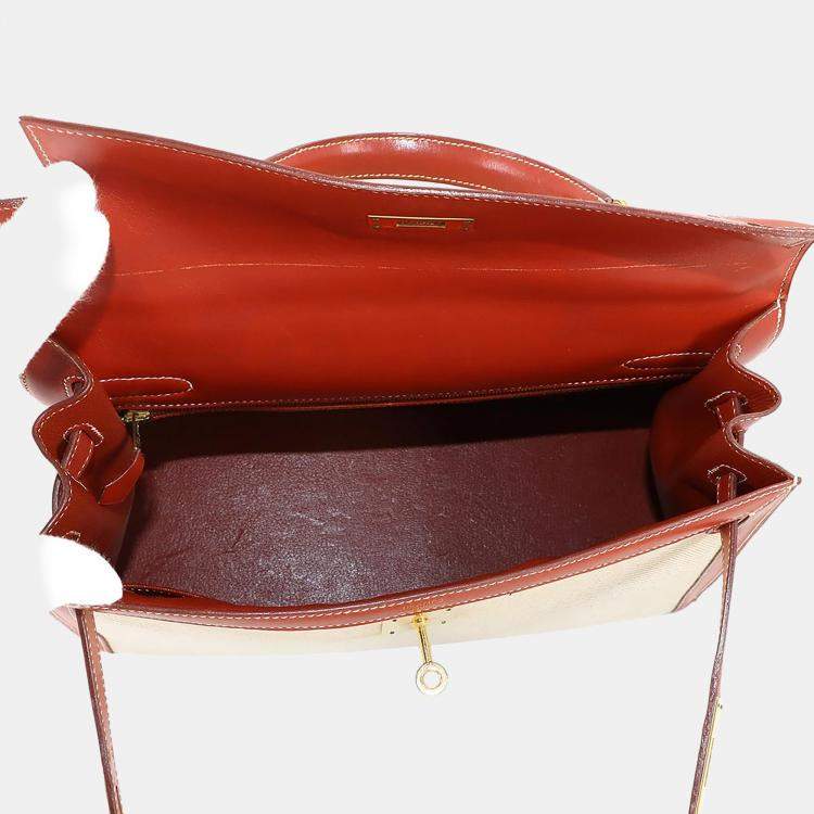 Pre Owned Hermes Kelly 32 Toile H Swift Shoulder Bag Natural Brick
