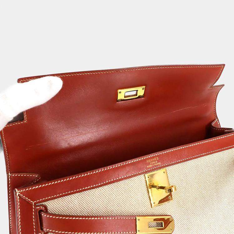 Pre Owned Hermes Kelly 32 Toile H Swift Shoulder Bag Natural Brick