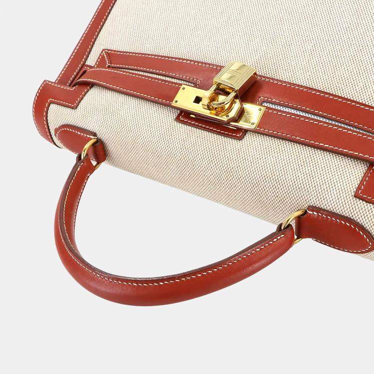 Pre Owned Hermes Kelly 32 Toile H Swift Shoulder Bag Natural Brick
