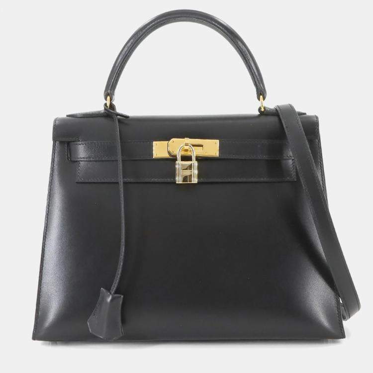Pre Owned Hermes Kelly 28 Shoulder Bag Black Box Calf Leather