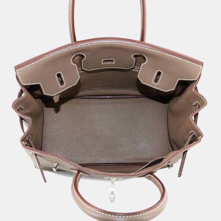 Pre Owned Hermes Taurillon Clemence Etoupe Leather Birkin Handbag 30