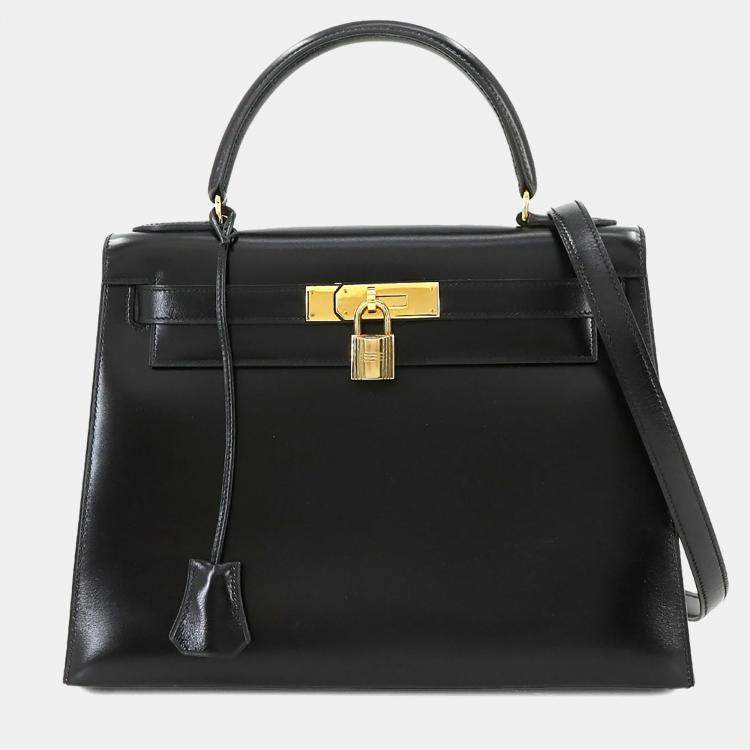 Pre Owned Hermes Black Box Calf Leather Kelly 28 Shoulder Bag