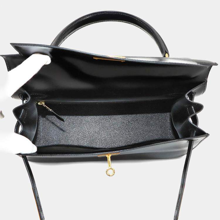 Pre Owned Hermes Black Box Calf Leather Kelly 28 Shoulder Bag