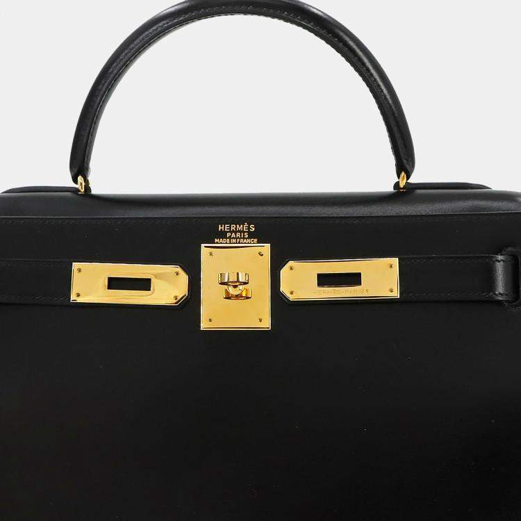 Pre Owned Hermes Black Box Calf Leather Kelly 28 Shoulder Bag