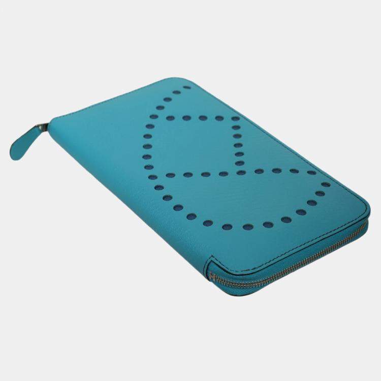Pre Owned Hermes Blue Leather Evelyne Zip Long Wallet
