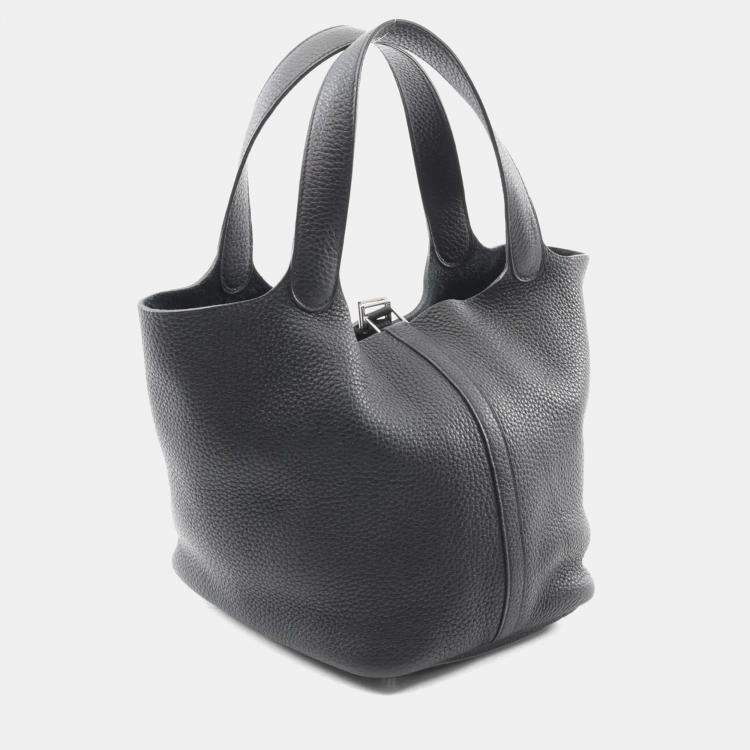 Pre Owned Hermes Picotin Lock 22 Black Taurillon Clemence Leather Top Handle Bag