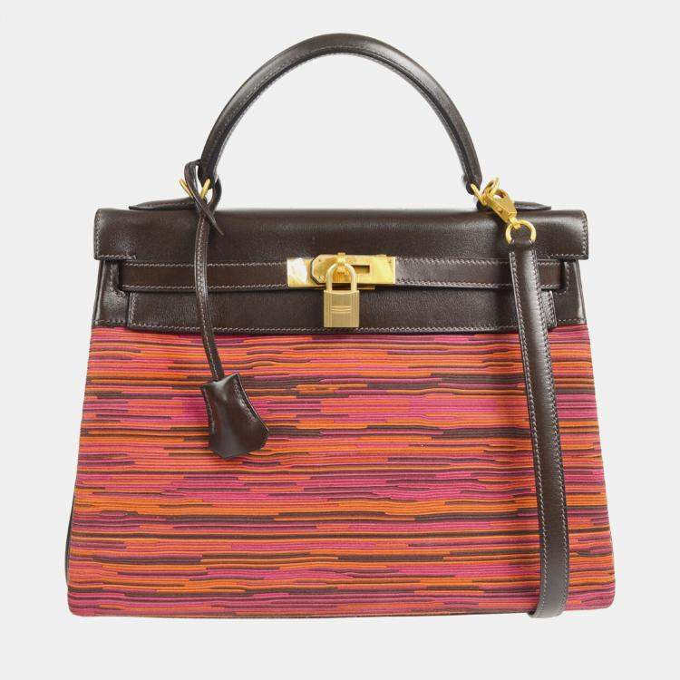 مملوكة مسبقًا Hermes Kelly Retourne 32 Pink Orange Vibrato Box Calf Leather Top Handle Bag
