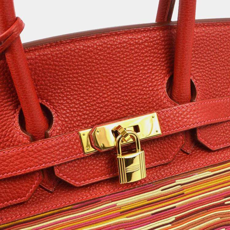 Pre Owned Hermes Birkin 35 Red Vibrato Calfskin Leather Top Handle Bag