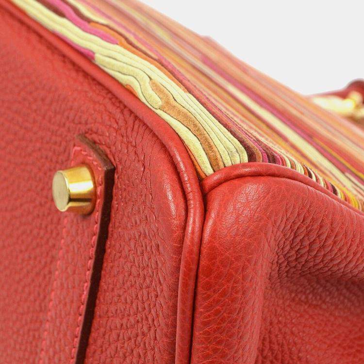 Pre Owned Hermes Birkin 35 Red Vibrato Calfskin Leather Top Handle Bag