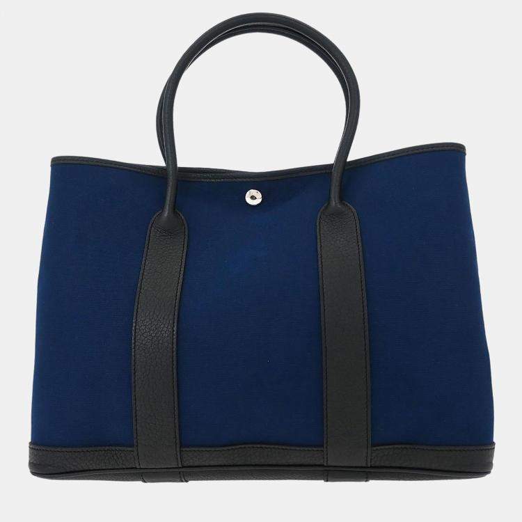 Pre Owned Hermes Garden Party 36 Navy Toile Officier Canvas Negonda Calfskin Leather Tote Bag