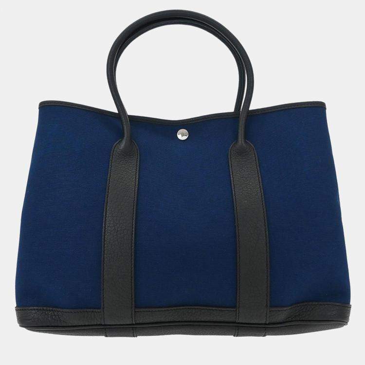 Pre Owned Hermes Garden Party 36 Navy Toile Officier Canvas Negonda Calfskin Leather Tote Bag