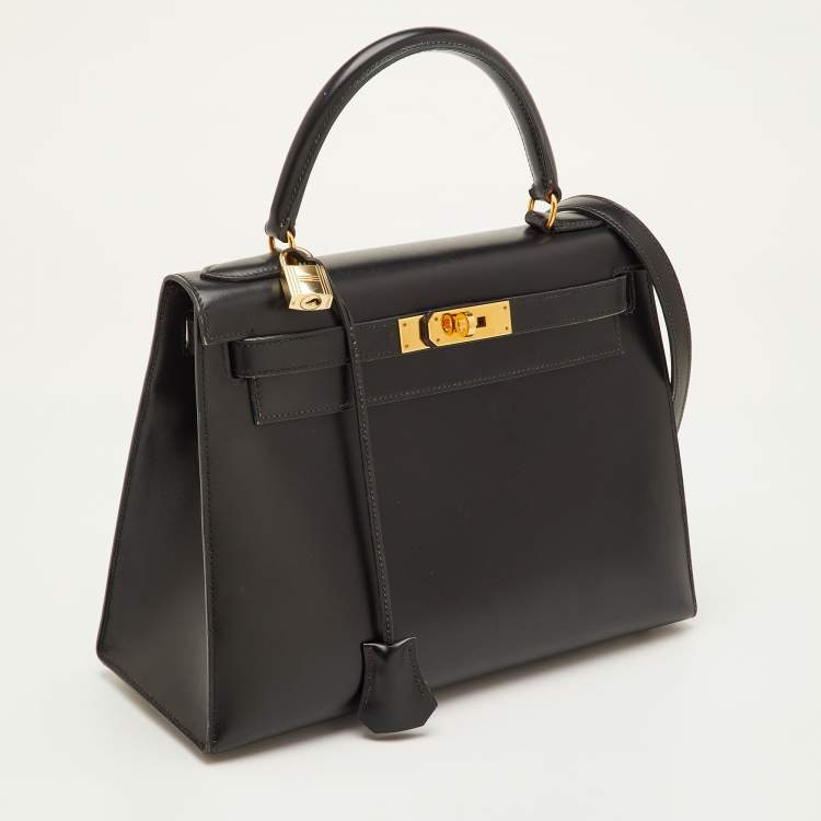 Pre Owned Hermes Kelly Sellier 28 Gold Finish Noir Box Leather Top Handle Bag