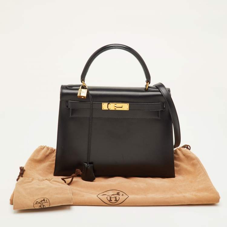 Pre Owned Hermes Kelly Sellier 28 Gold Finish Noir Box Leather Top Handle Bag