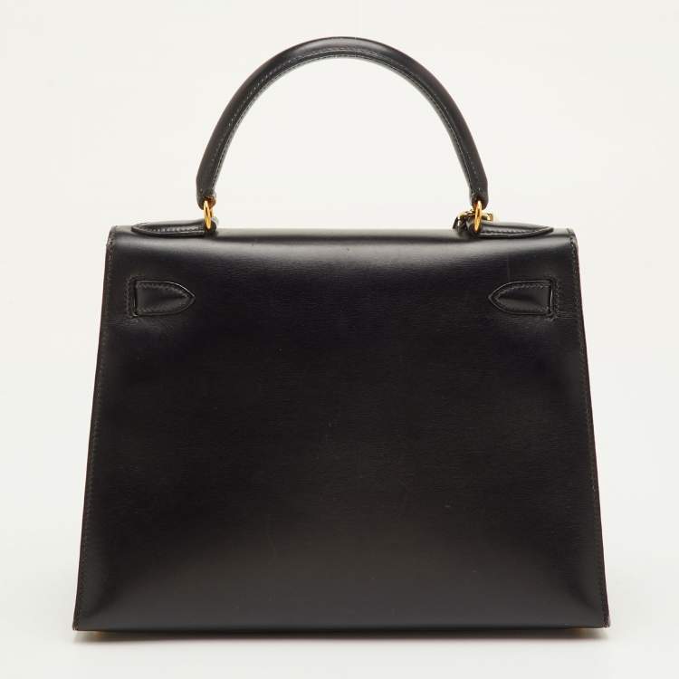 Pre Owned Hermes Kelly Sellier 28 Gold Finish Noir Box Leather Top Handle Bag