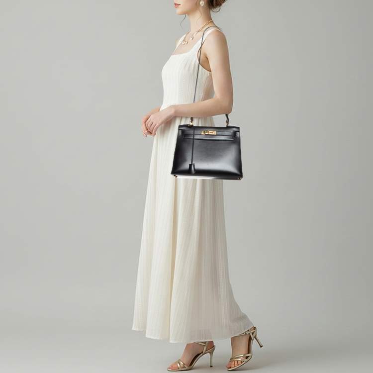 Pre Owned Hermes Kelly Sellier 28 Gold Finish Noir Box Leather Top Handle Bag