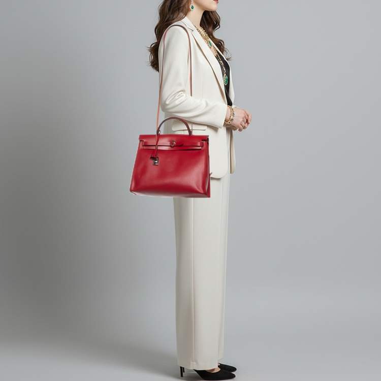 Pre Owned Hermes Herbag Zip 31 Rogue Piment/Ecru Canvas and Vache Hunter Tote