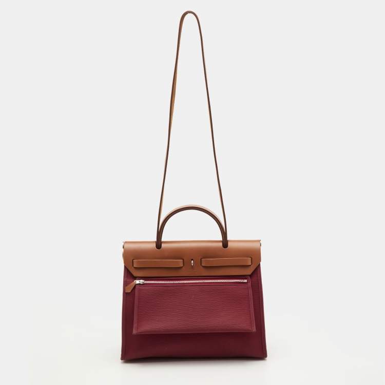 Pre Owned Hermes Herbag Zip 31 Ruby/Fauve Toile and Vache Hunter Top Handle Bag