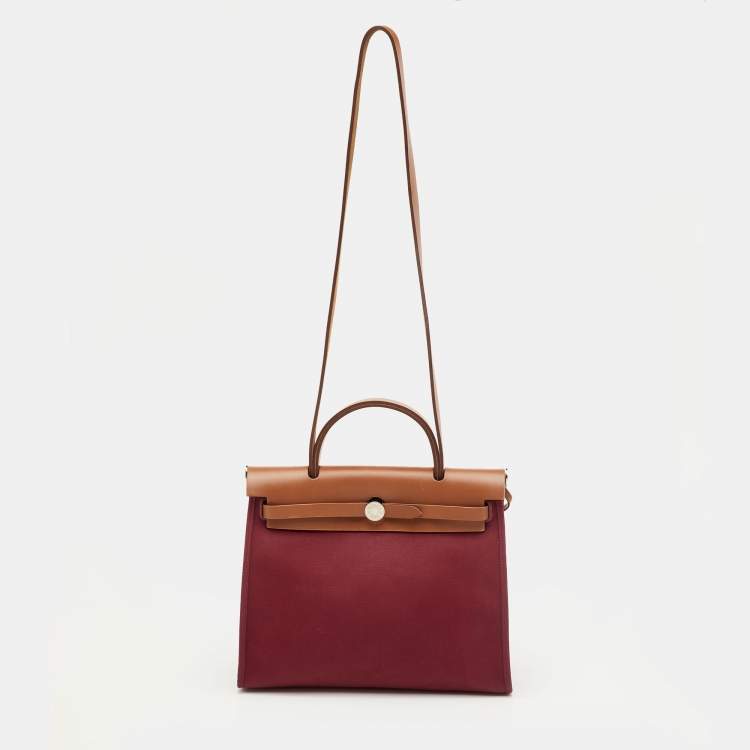 Pre Owned Hermes Herbag Zip 31 Ruby/Fauve Toile and Vache Hunter Top Handle Bag