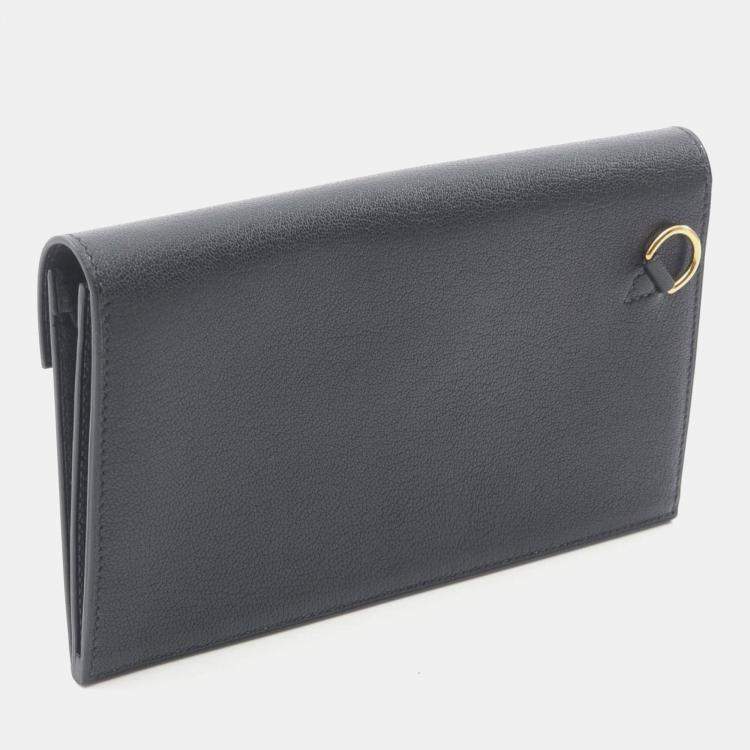 Pre Owned Hermes Kelly Pocket Long Bifold Wallet Leather Chevre Sham Killa Black