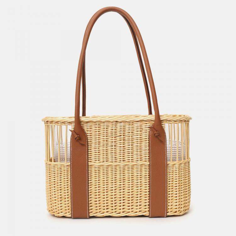Pre Owned Hermes 2022 Beige/Brown Wicker/Taurillon Leather Park Bottle Basket
